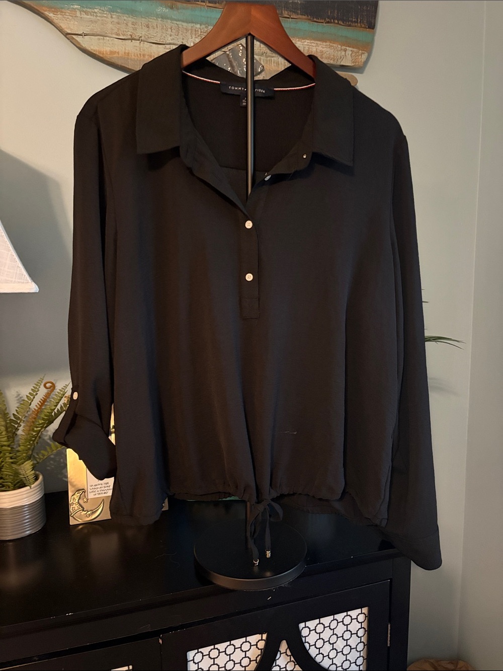 Tommy Hilfiger Black Long-Sleeve Tie-Hem Blouse